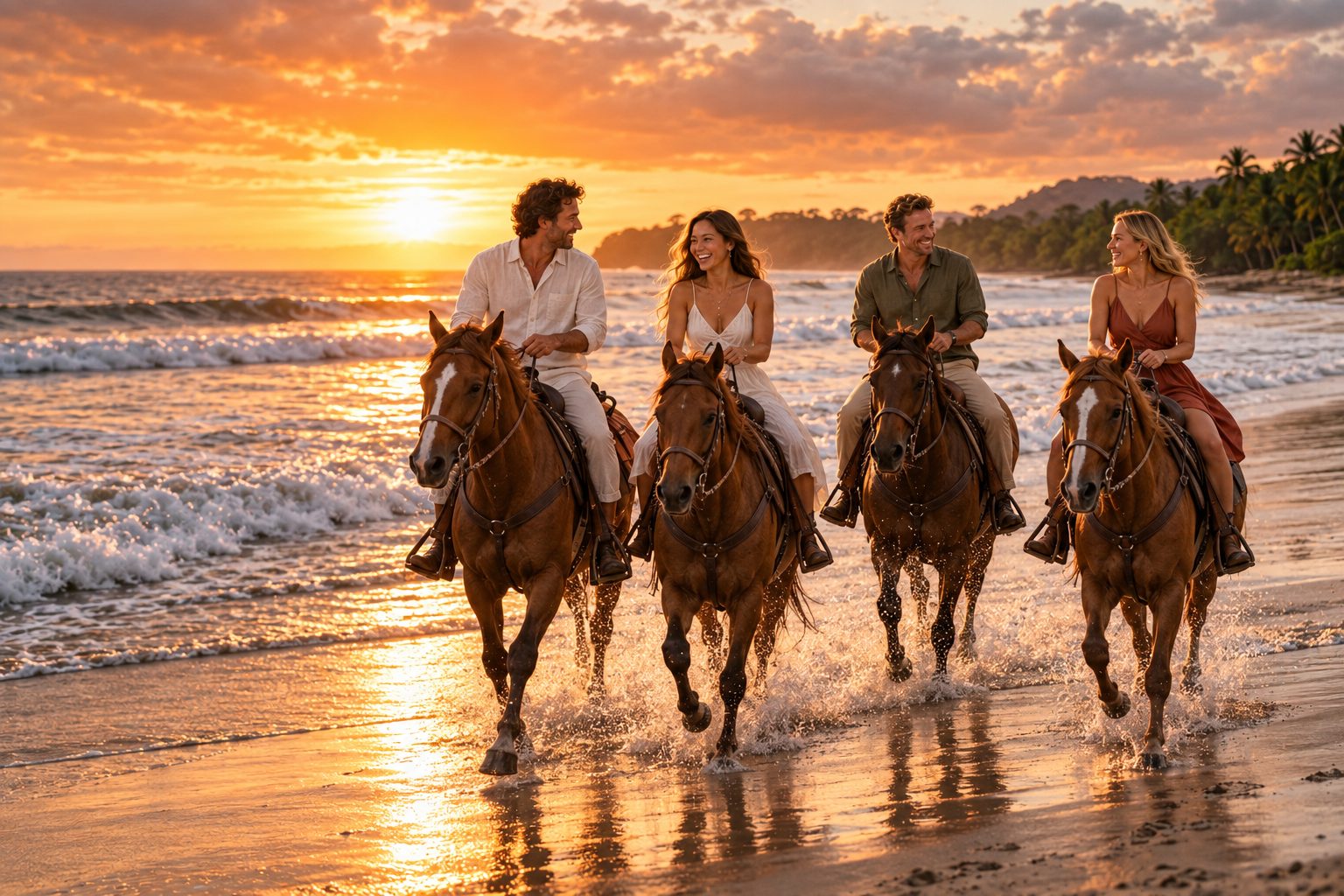Amigos cabalgando por la orilla al atardecer