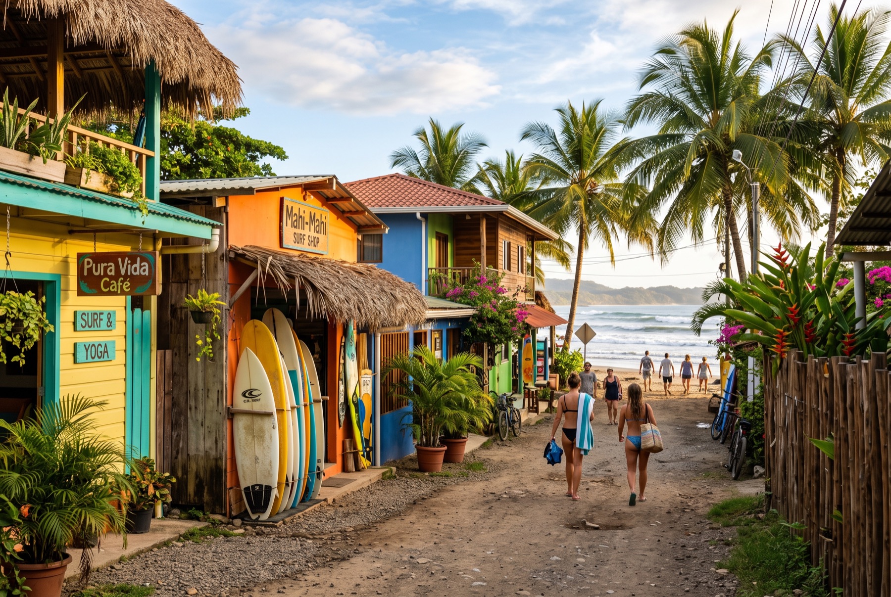 Calle de pueblo de playa con palmeras