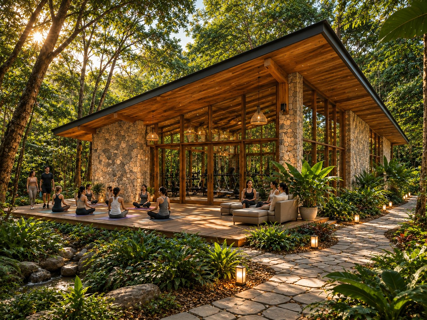 Pabellón de yoga y bienestar entre la selva