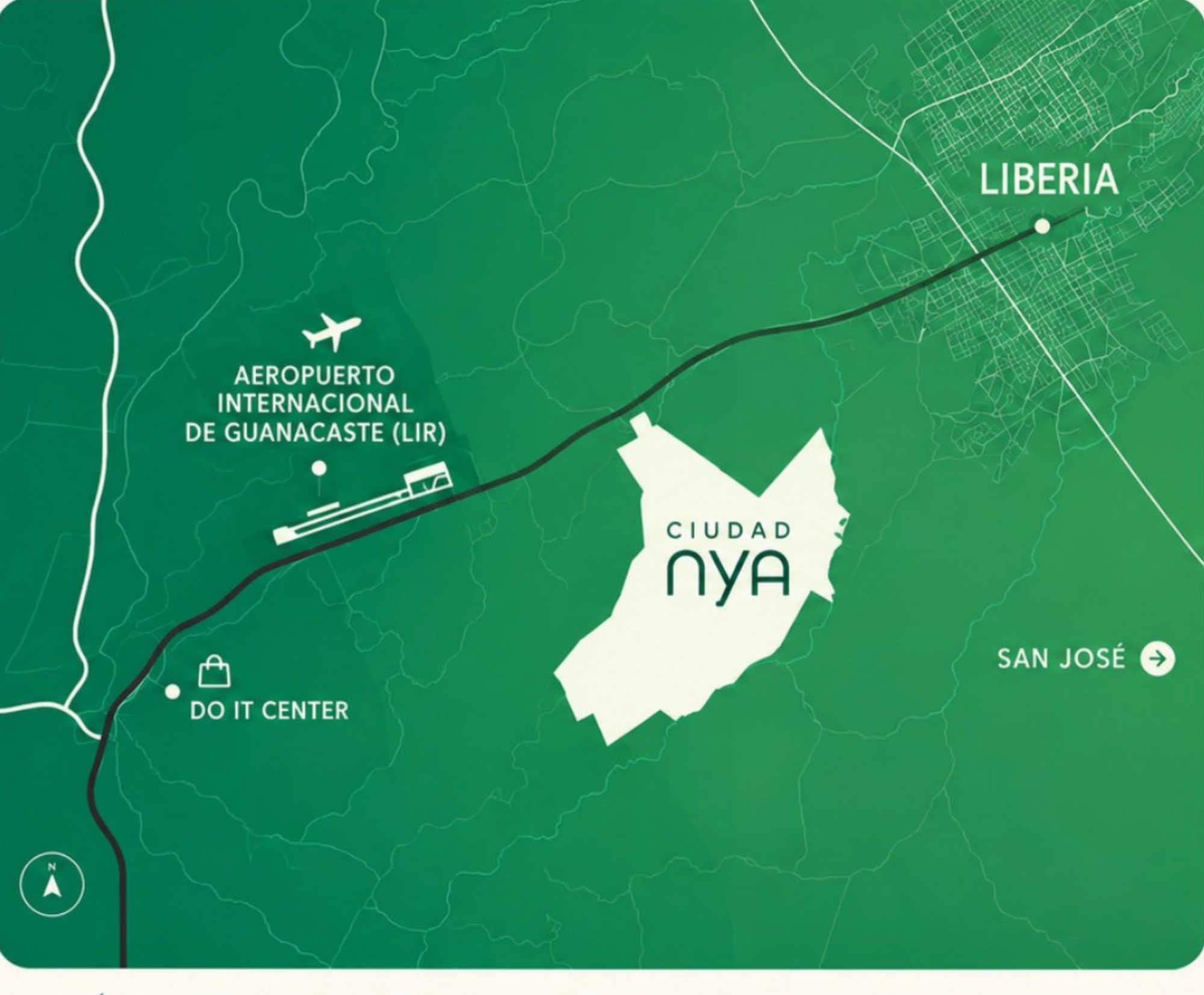 Mapa de referencia: Ciudad NYA entre el Aeropuerto Internacional de Guanacaste y Liberia