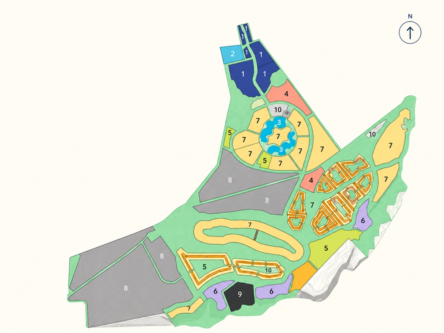Master plan de Ciudad NYA con las zonas numeradas: comercio, salud, Crystal Lagoons, uso mixto, áreas verdes, hospitalidad, residencial, tajo, zona franca y otros servicios